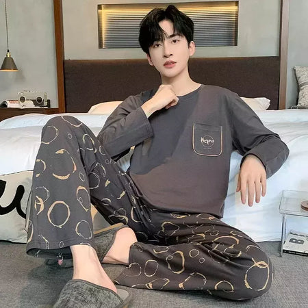 Pijama de algodão de duas peças masculino, calça de manga comprida, traje caseiro, estudante e adolescente, novo outono
