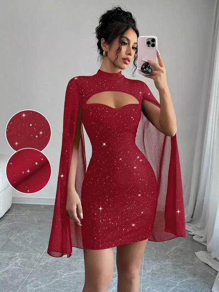 Sexy feminino gola capa mini vestido lantejoulas espumante clube festa noite fora cabido bodycon elegante outono inverno