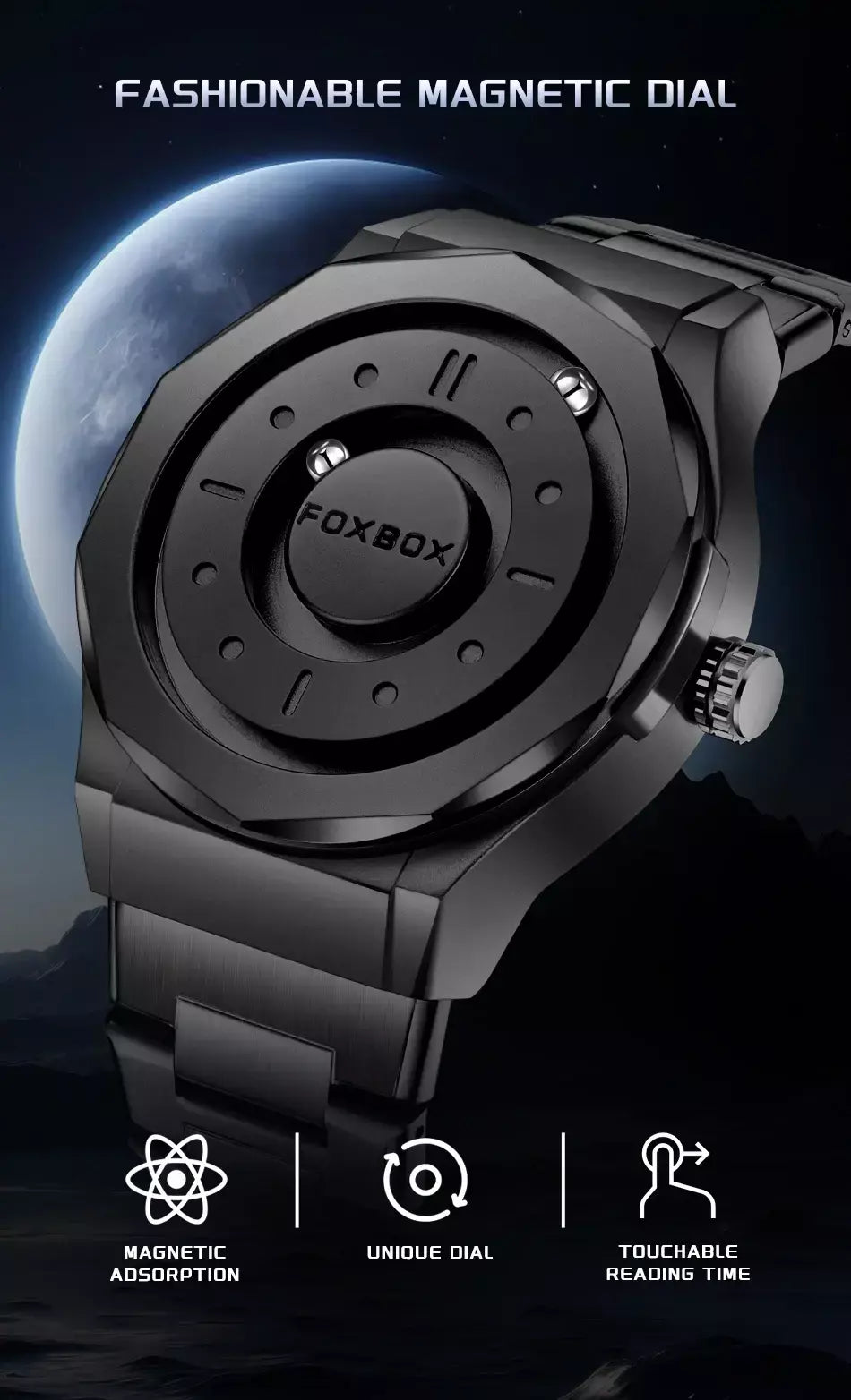 Foxbox criativo rolagem ponteiro força magnética relógios de pulso quartzo masculino esportes ao ar livre relógio à prova dwaterproof água masculino relogio masculino