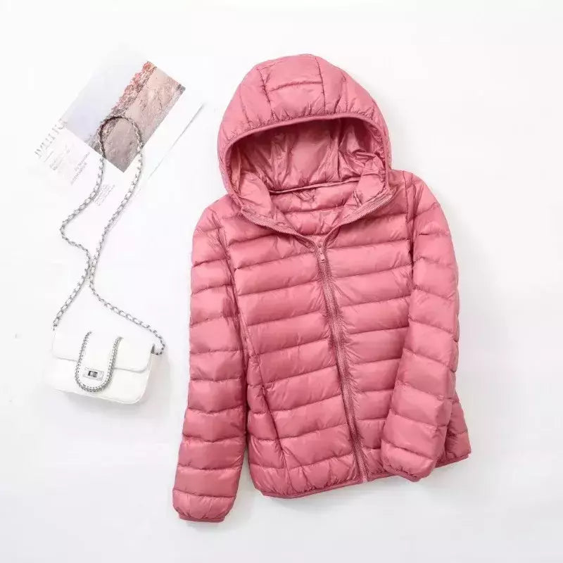 Casaco fino leve com capuz de pato para mulheres, casaco curto fino, streetwear quente, branco, plus size, casacos, outono, inverno, 2023