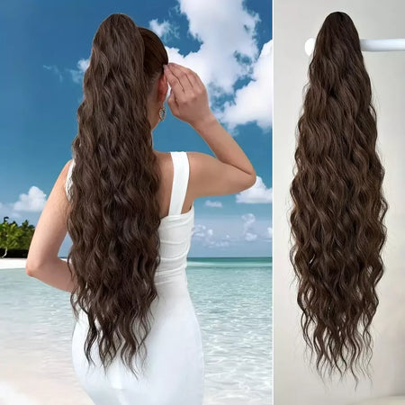 Aoosoo sintético água rabo de cavalo extensão do cabelo clipe no rabo de cavalo da mulher acessórios para o cabelo longo encaracolado peruca natural encaracolado preto