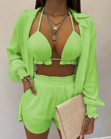 Fato de banho feminino de três peças, moda praia sexy, biquíni de cintura alta, maiô estampado, shorts para cobrir, moda praia de verão, novo 2024