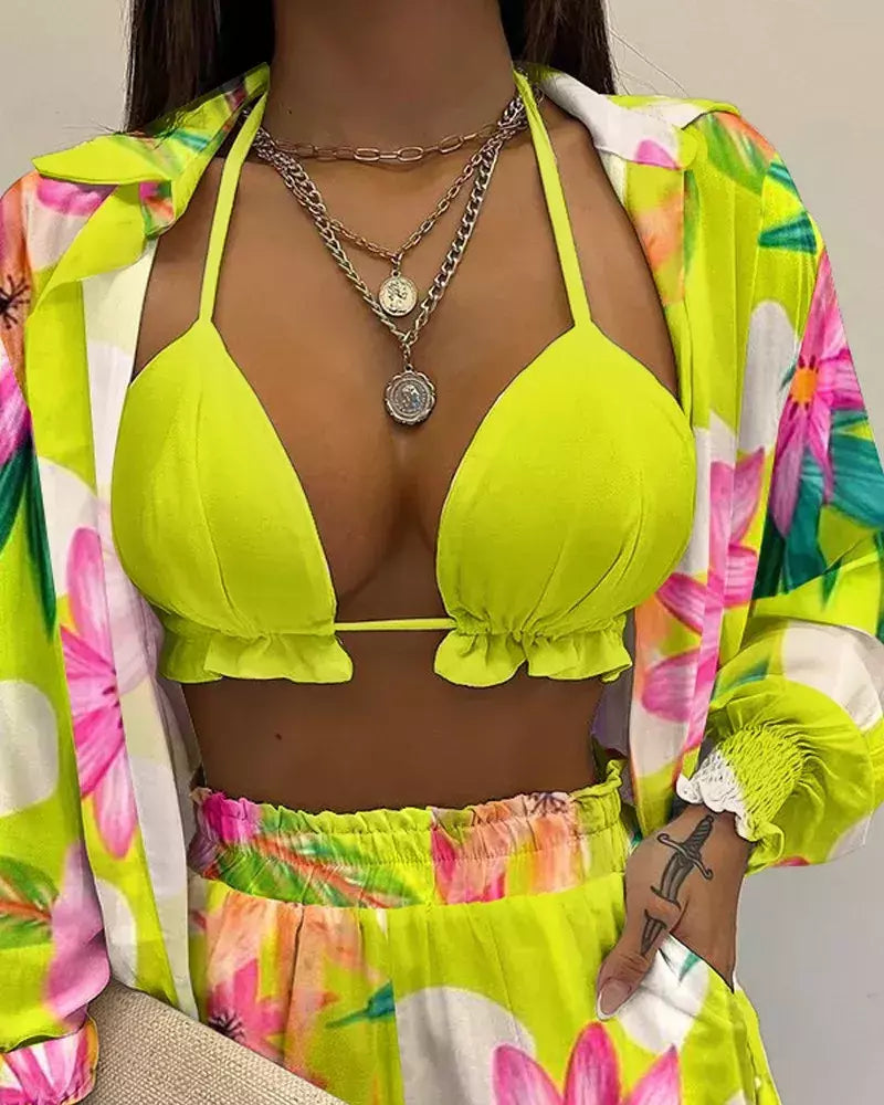 Fato de banho feminino de três peças, moda praia sexy, biquíni de cintura alta, maiô estampado, shorts para cobrir, moda praia de verão, novo 2024
