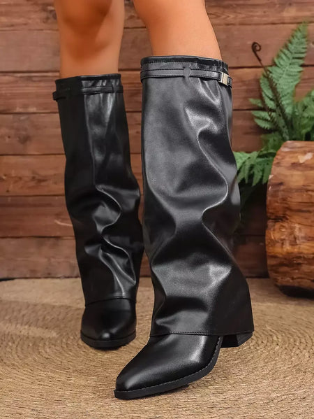 Moda plissada bota de salto alto outono novo tamanho grande estilo britânico calças de tubo alto bota feminina transfronteiriça lindamente