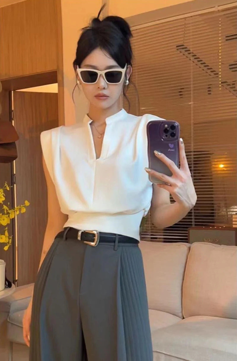 MEXZT-Blusas elegantes sem mangas com decote em v para mulheres, senhora do escritório, casual preto coreano, todos os jogos chiques, verão, branco, novo