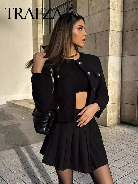 TRAF-Casaco Cropped feminino com botão dourado, blazer bomber, streetwear chique, blusa de casacos femininos, moda primavera, 2022