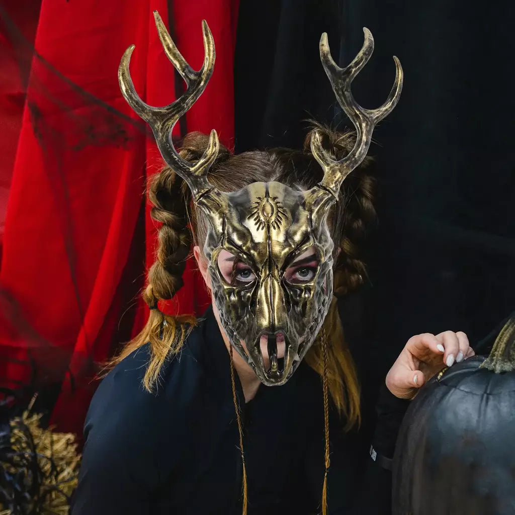 Máscara de antler halloween cosplay máscara animal máscara realista com chifres para festa de máscaras confortável veado traje máscara prop