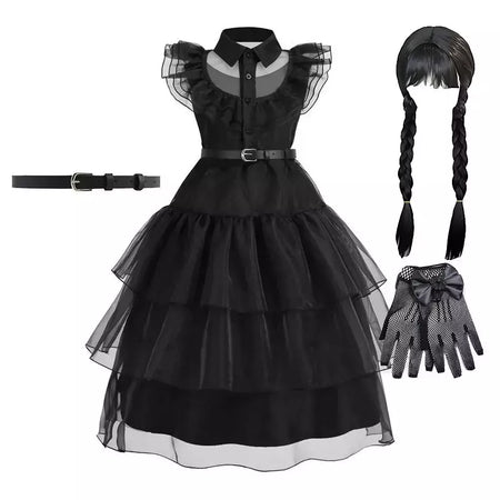 Crianças addams traje do bebê meninas família cosplay traje de halloween crianças família dança vestido preto quarta-feira pageant fantasia
