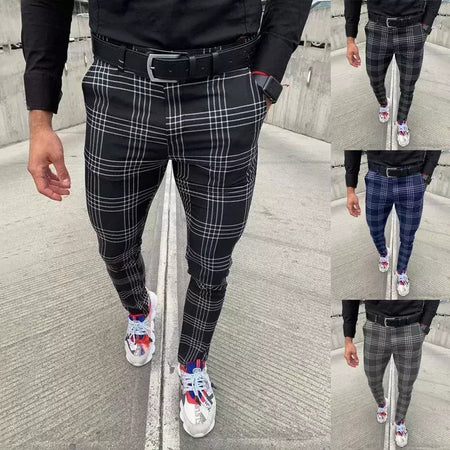 Calça xadrez casual masculina, calça stretch social, cintura média, magro, escritório de negócios, trabalhando, festa, terno masculino, outono, verão