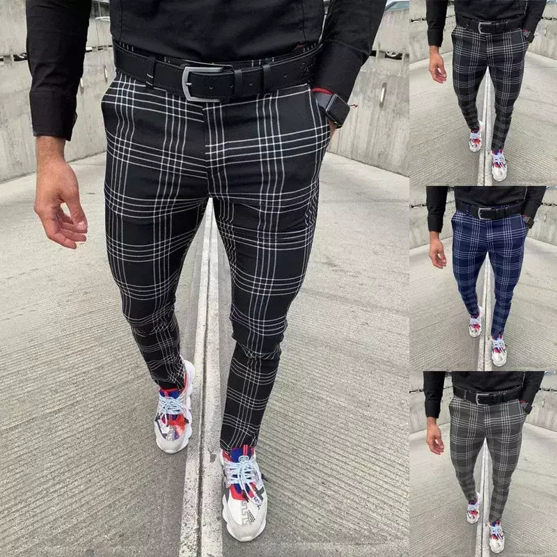 Calça xadrez casual masculina, calça stretch social, cintura média, magro, escritório de negócios, trabalhando, festa, terno masculino, outono, verão