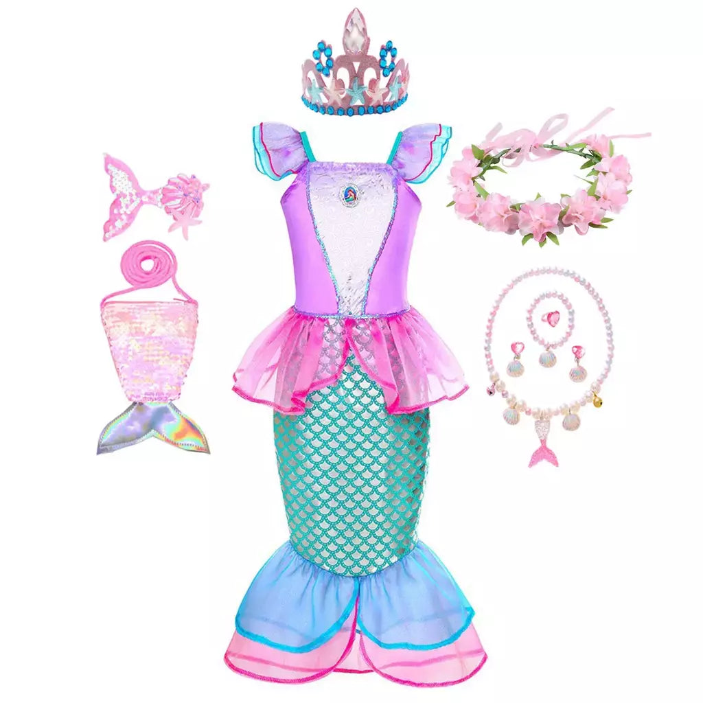 Meninas escala roxa princesa sereia ariel cosplay vestido de halloween vestido de festa de aniversário meninas verão praia vestido de férias