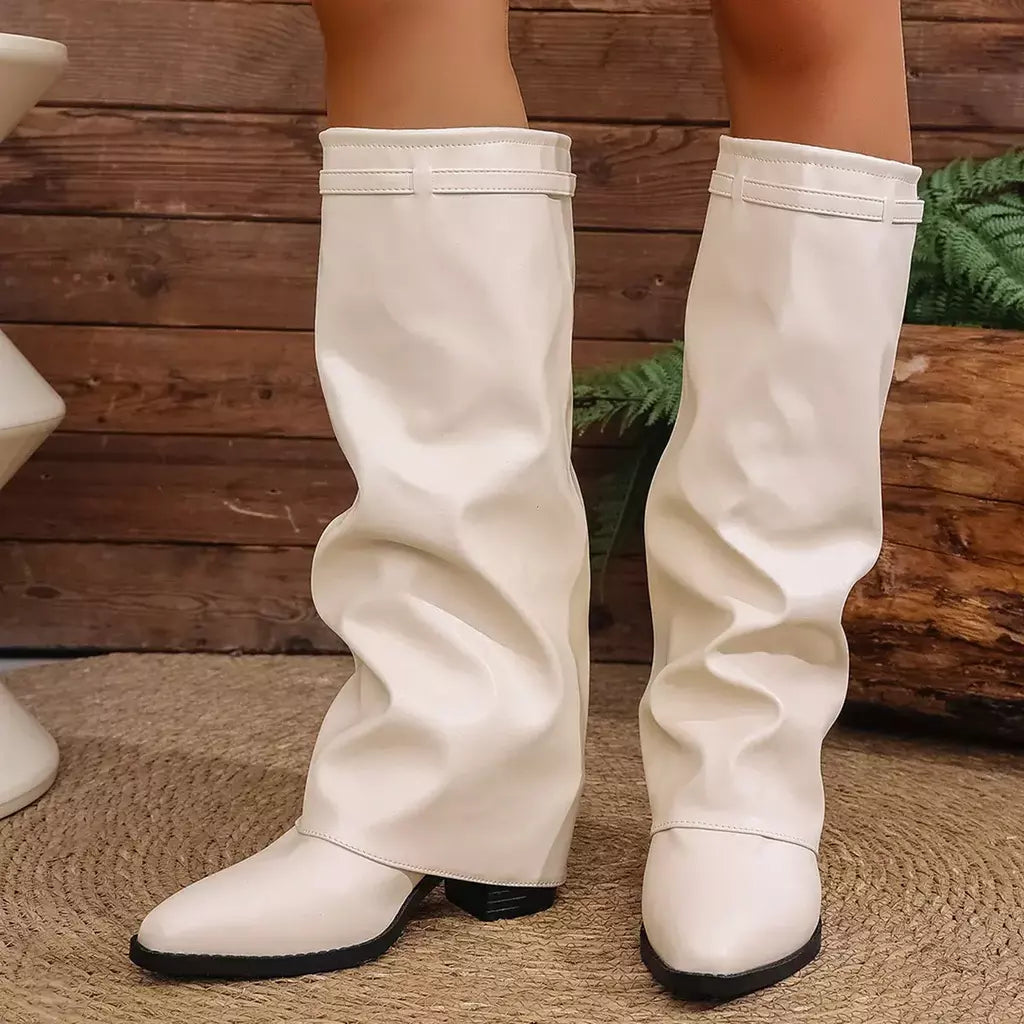 Moda plissada bota de salto alto outono novo tamanho grande estilo britânico calças de tubo alto bota feminina transfronteiriça lindamente
