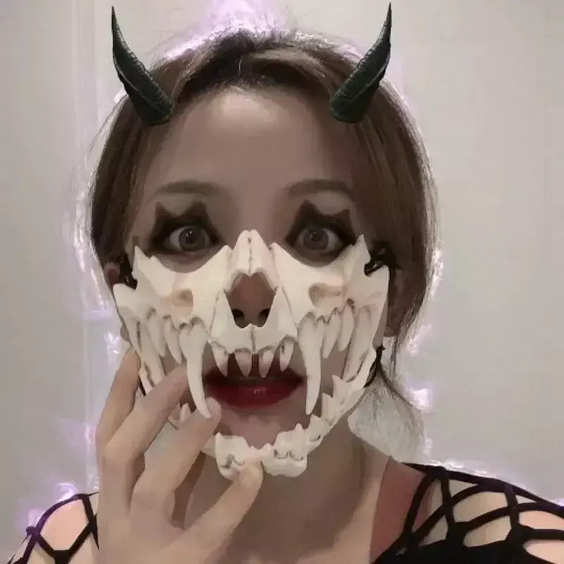 Festa crânio máscara dentes longos demônio esqueleto meia máscara facial lobo dragão tigre houjuu nue máscara cosplay traje de halloween adereços