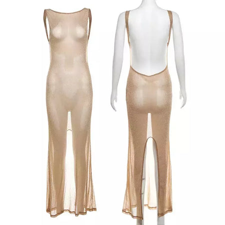 Vestido feminino sexy de lantejoulas sem costas dividido, vestidos longos, monocromático, vestido de festa, elegante, fino, fêmea, chique