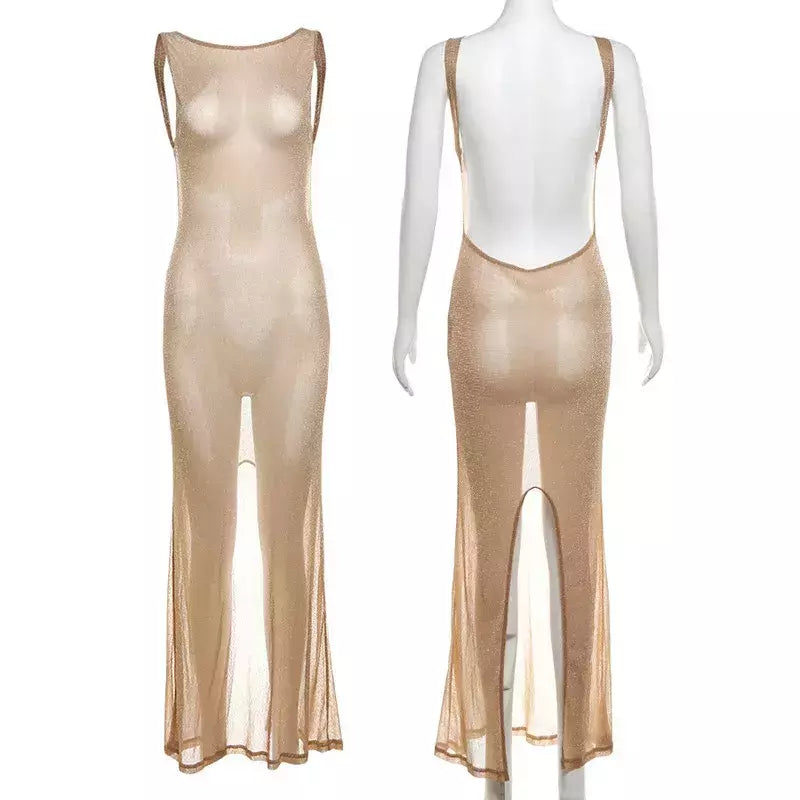 Vestido feminino sexy de lantejoulas sem costas dividido, vestidos longos, monocromático, vestido de festa, elegante, fino, fêmea, chique