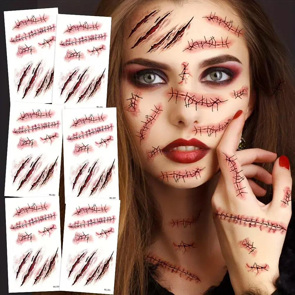 5/10/20 pçs halloween cicatriz tatuagem temporária adesivos 3d falso cicatriz tatuagens adesivo vermelho sangue coágulo rosto tatuagem à prova dwaterproof água cosplay g