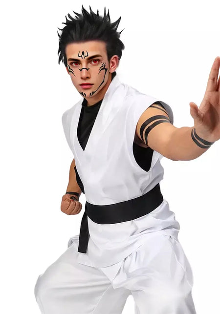 Dazcos ryomen sukuna traje branco kung fu terno com adesivos de tatuagem ryomen sukuna como megumi showdown cosplay traje conjunto completo