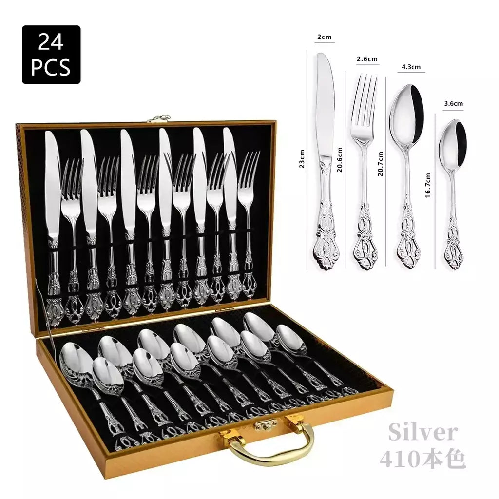 Conjunto de talheres de aço inoxidável dourado, colher europeia real, garfo, talheres completos, design retrô, seguro para máquina de lavar louça, talheres elegantes
