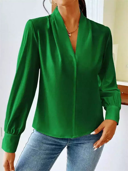 Pulôver de manga comprida com decote V feminino, camisa elegante, estilo britânico, tops urbanos, monocromático, confortável, blusa casual feminina, outono