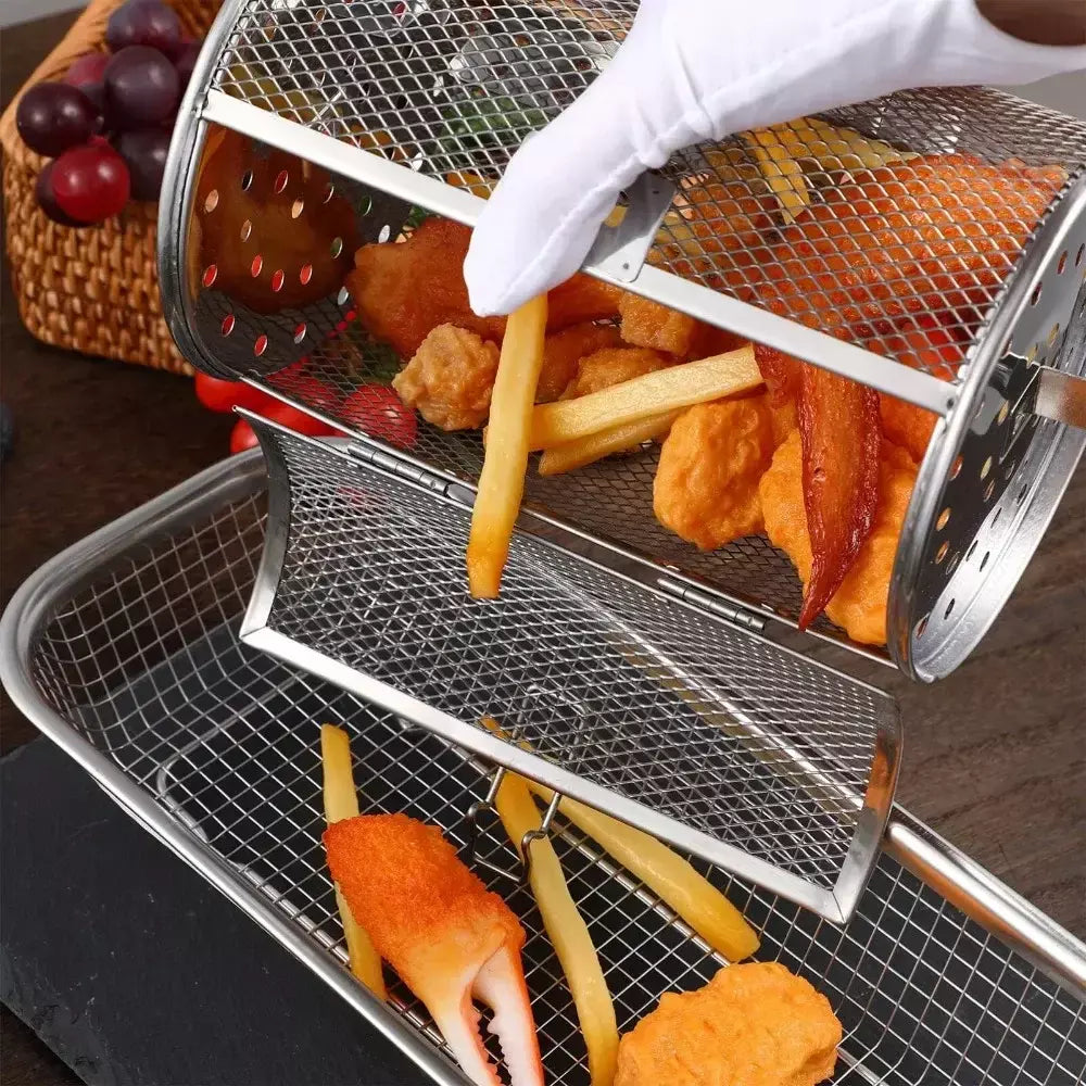Gaiola para grelhar de cozinha, forno rotativo, cesta de manutenção fresca para assar, churrasco, acampamento ao ar livre, rack de churrasco reutilizável
