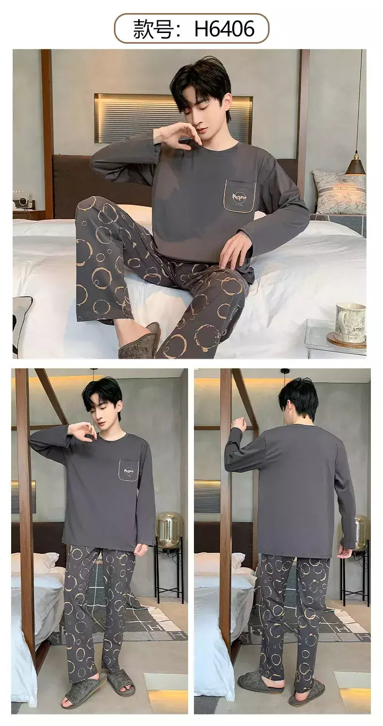 Pijama de algodão de duas peças masculino, calça de manga comprida, traje caseiro, estudante e adolescente, novo outono