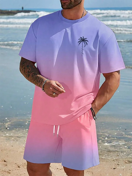 Camiseta de praia havaiana masculina, conjunto de 2 peças, manga curta, estampa palmeira, decote em O, moda exterior, casual, verão