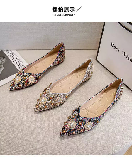 Mocassins lisos de strass de dedo apontado, sapatilhas femininas clássicas, sapatilhas femininas, sapatos de barco macio, rebites, novo, outono, 2022