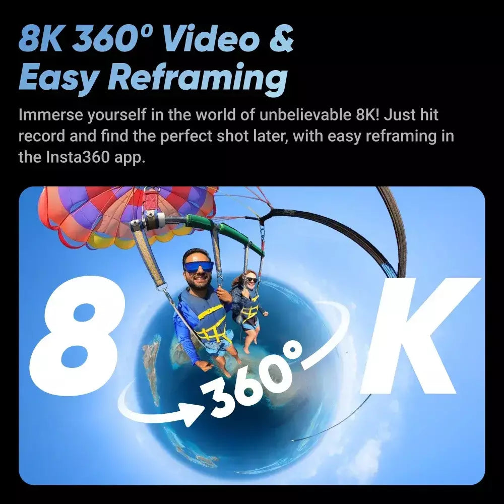 Insta360 X4 - Câmera de ação 360 à prova d'água 8K, vídeo grande angular 4K, bastão de selfie invisível, último de 135 minutos, protetores de lente removíveis,