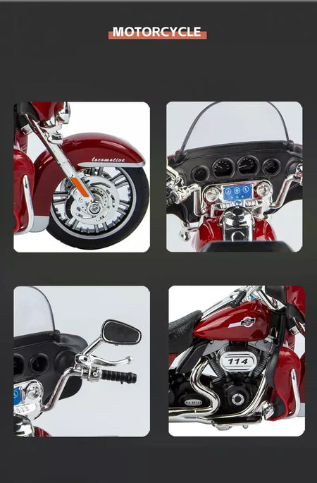 CVO-Tri Glide Alloy Motorcycle Model for Kids, Três Rodas, Cruzeiro, Viagem, Diecast, Lazer na Rua, Luz Sonora, Presente, 1:9