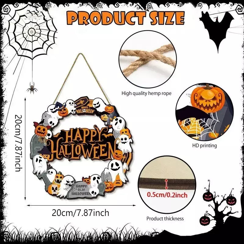 Novo sinal decorativo de madeira 2d de halloween com abóbora de gato preto e fantasma-design "bem" para pendurar na porta decoração de festival fantasma