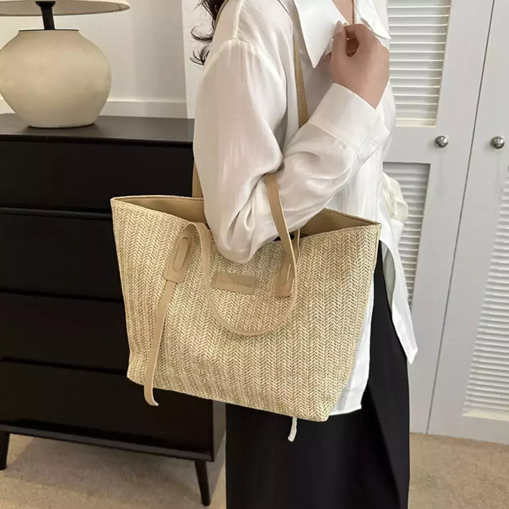 Sacola tecida estilo minimalista para mulheres, grande capacidade, bolsa de praia casual, tecido grama, bolsa de ombro, verão, 1 pc