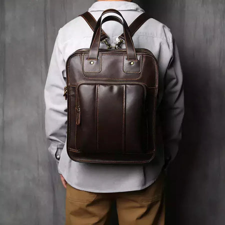 Maleta de couro retrô para homens, couro natural, bolsa vertical, bolsa de ombro casual, mochila masculina, adequada para laptop de 15 ", NZPJ