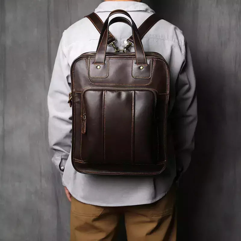 Maleta de couro retrô para homens, couro natural, bolsa vertical, bolsa de ombro casual, mochila masculina, adequada para laptop de 15 ", NZPJ