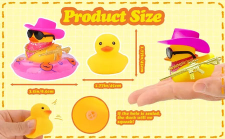 Pato de borracha com arma para decoração de painel de carro, brinquedo de pato estridente, patos de cowboy amarelos, ornamento de carro, acessórios divertidos