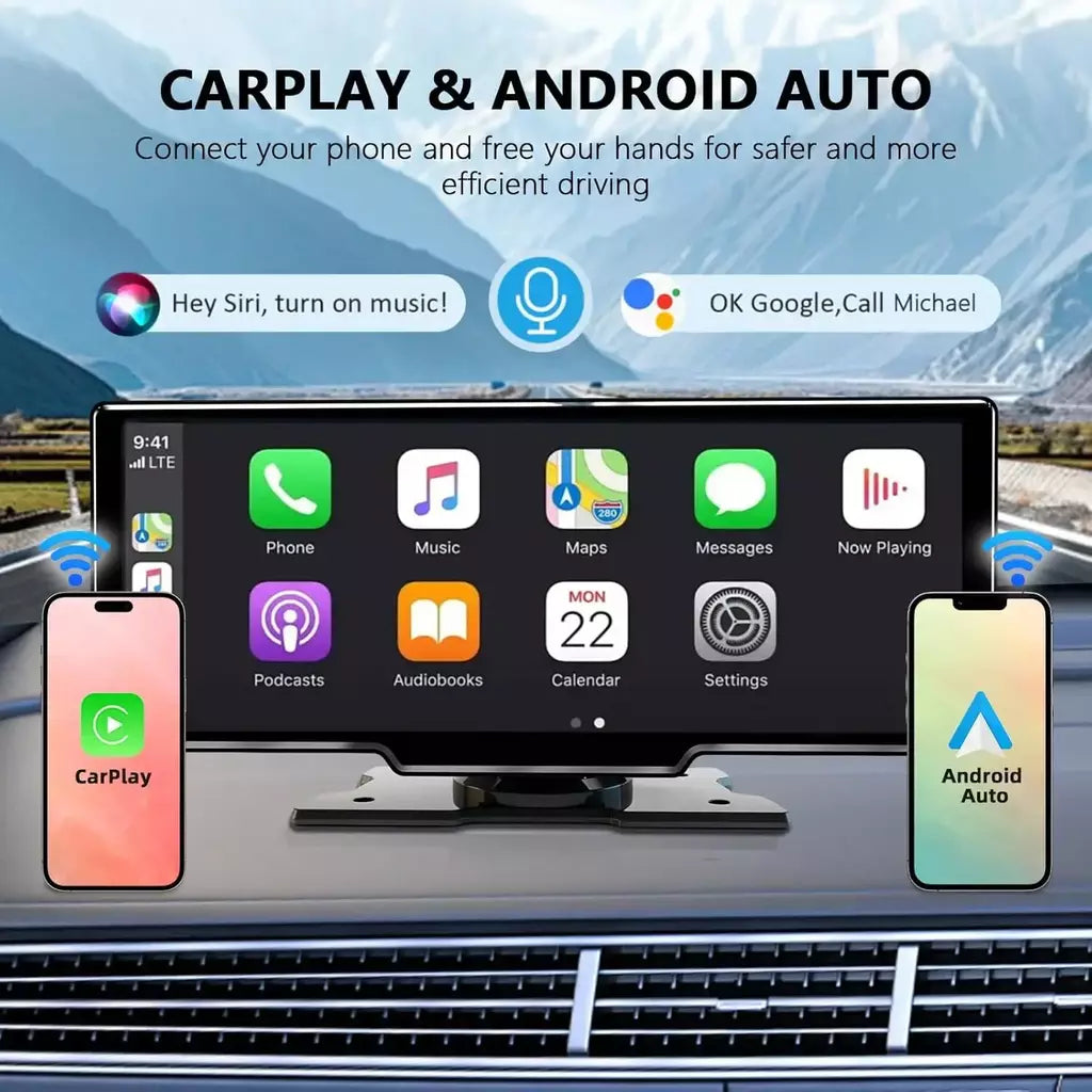 Tela carplay de 10.26 polegadas para carro, reprodutor de vídeo multimídia sem fio carplay e android automático, rádio de carro universal, estéreo de carro bt aux fm
