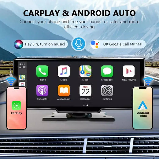 Tela carplay de 10.26 polegadas para carro, reprodutor de vídeo multimídia sem fio carplay e android automático, rádio de carro universal, estéreo de carro bt aux fm