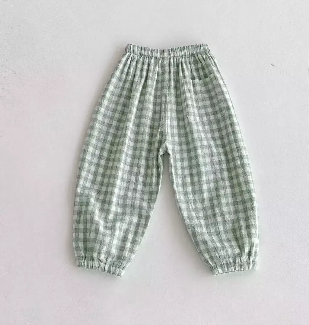 Calças listradas de algodão de linho vintage para meninos casual bolso design elásticos calças de cintura para criança menina roupas crianças