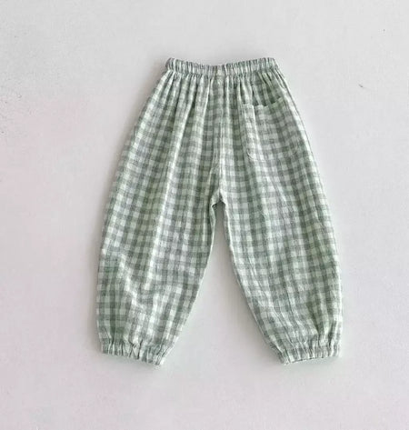 Calças listradas de algodão de linho vintage para meninos casual bolso design elásticos calças de cintura para criança menina roupas crianças