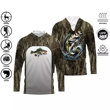 Camisa de pesca com capuz, camisa de pesca com capuz, proteção uv, padrão de moda ao ar livre, estampa de umidade, homem, vestuário de pesca