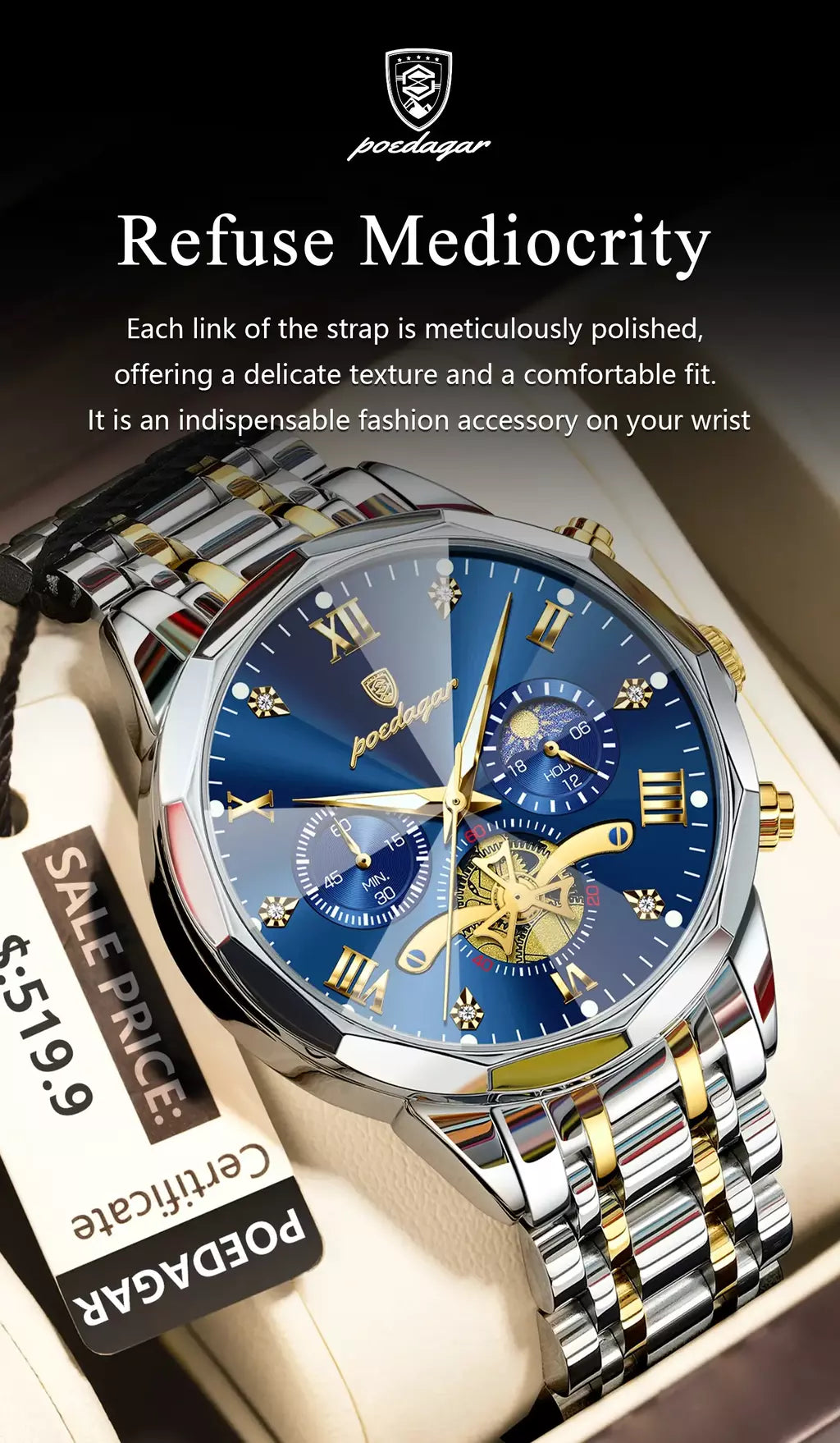 Poedagar luxo relógio masculino topo original à prova dwaterproof água luminosa cronógrafo homem relógio de pulso aço inoxidável quartzo relógios masculinos reloj