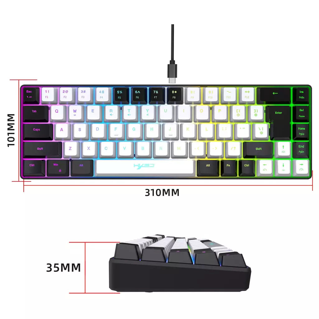 Teclado para jogos com fio USB, 68 teclas, 20 RGB Backlight, Keycaps preto e branco, Windows Laptops, Computador
