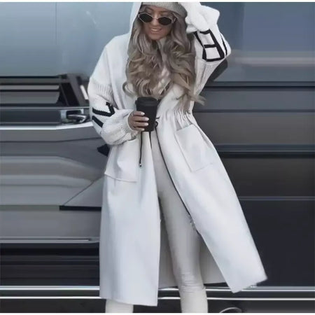 Casual longo retalhos casacos de malha feminino casual hoodies rendas até bolsos jaquetas femininas 2024 outono inverno nova senhora outerwears