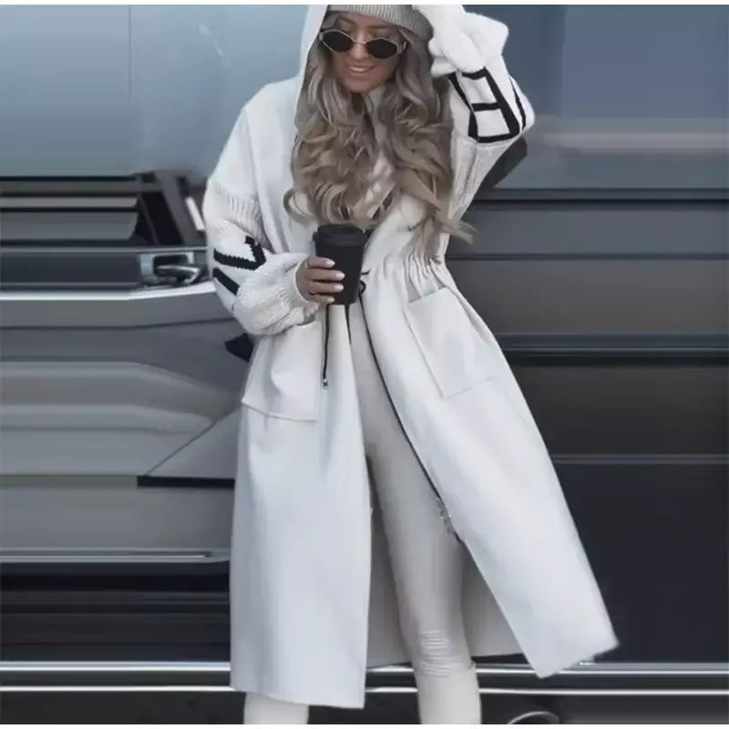 Casual longo retalhos casacos de malha feminino casual hoodies rendas até bolsos jaquetas femininas 2024 outono inverno nova senhora outerwears