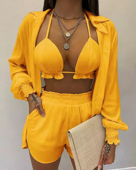 Fato de banho feminino de três peças, moda praia sexy, biquíni de cintura alta, maiô estampado, shorts para cobrir, moda praia de verão, novo 2024