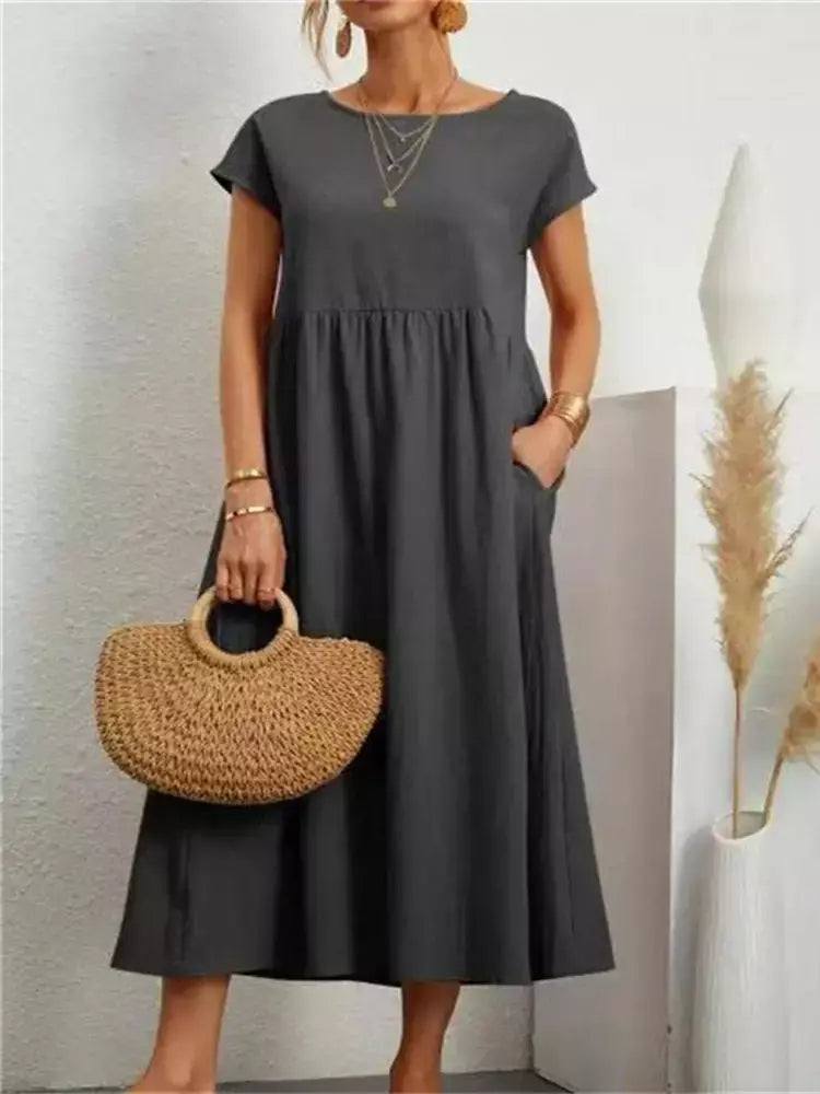 Vintage sólido midi vestido casual manga curta algodão e linho harajuku oversized vestido longo feminino verão y2k maxi vestido de verão 2023