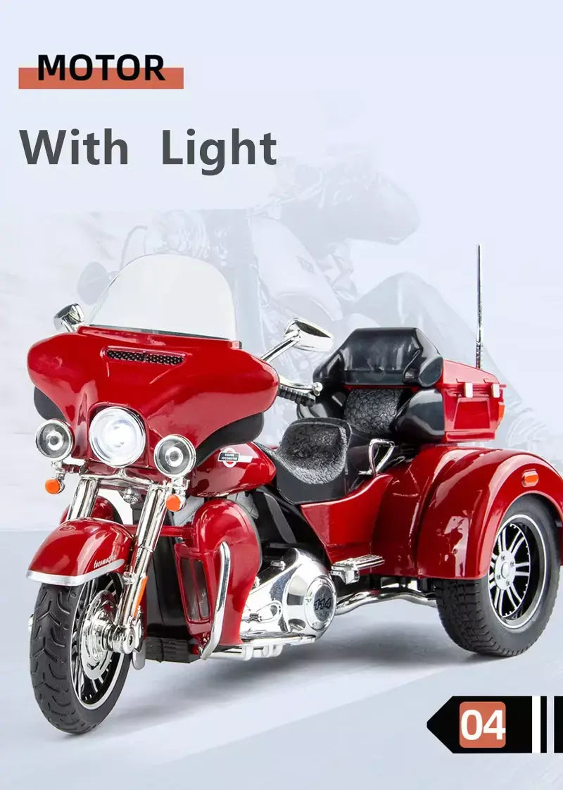 CVO-Tri Glide Alloy Motorcycle Model for Kids, Três Rodas, Cruzeiro, Viagem, Diecast, Lazer na Rua, Luz Sonora, Presente, 1:9