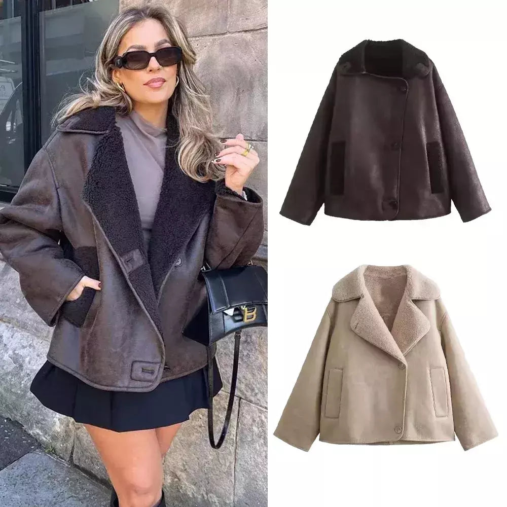 Jaquetas grossas de couro falso femininas, casacos com mistura de lã quente, jaqueta de pelúcia demi-estação, outerwear, outono, inverno, 2024