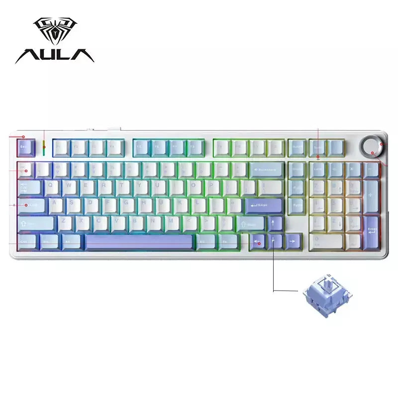 Teclado mecânico para jogos AULA F99PRO, 99 teclas, três modos, sem fio, estrutura de junta permutável, teclado personalizado com botão de mídia