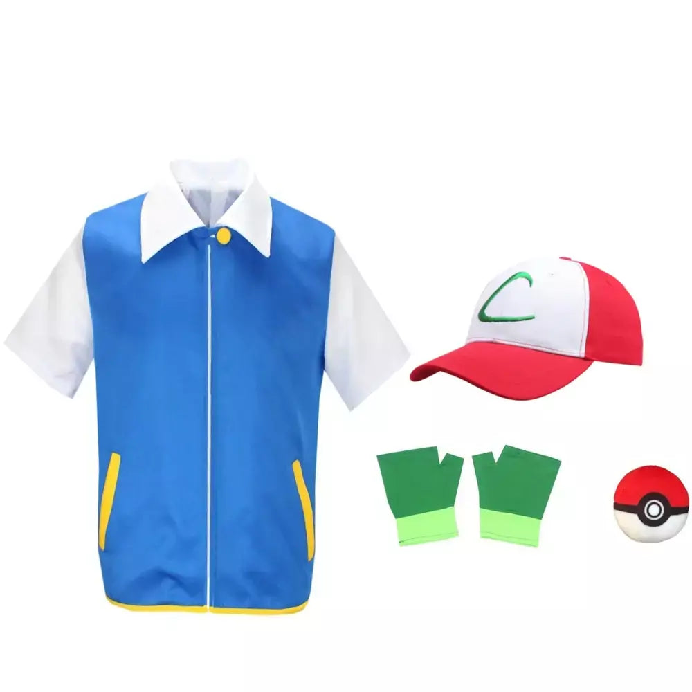 Anime dos desenhos animados cinza ketchum trainer jaqueta azul traje p-pokemoning ir jaqueta azul chapéus luvas para meninos meninas cosplay para festa