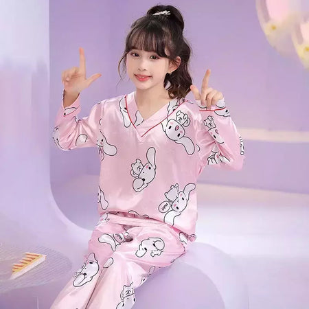 Ice Silk infantil Conjunto de Pijamas de manga curta, Pijamas gola V, Anime Sanrio Kuromi Minha melodia Desenhos animados, Cinnamoroll Menina, Cinnamoroll